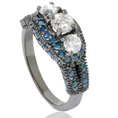 زفاف - 1.75CT Blue & White Diamond Engagement 3 Stone Vintage Antique Black Gold Ring Size 4-9