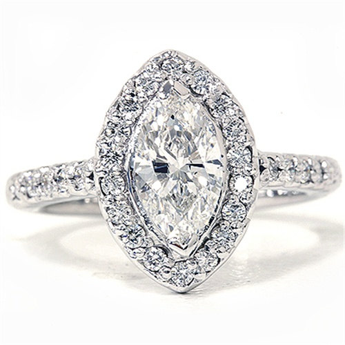 Свадьба - Marquise Halo Diamond Ring 14K White Gold 1.40CT Marquise Halo Diamond Ring 14K White Gold Diamond Engagement Ring 