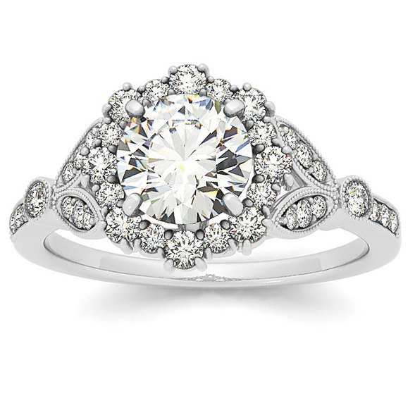 Wedding - Lab Grown Diamond Engagement Ring Vintage Halo Diamond Engagement Ring White Gold 1ct Center Diamond Lab Created Round Brilliant Cut