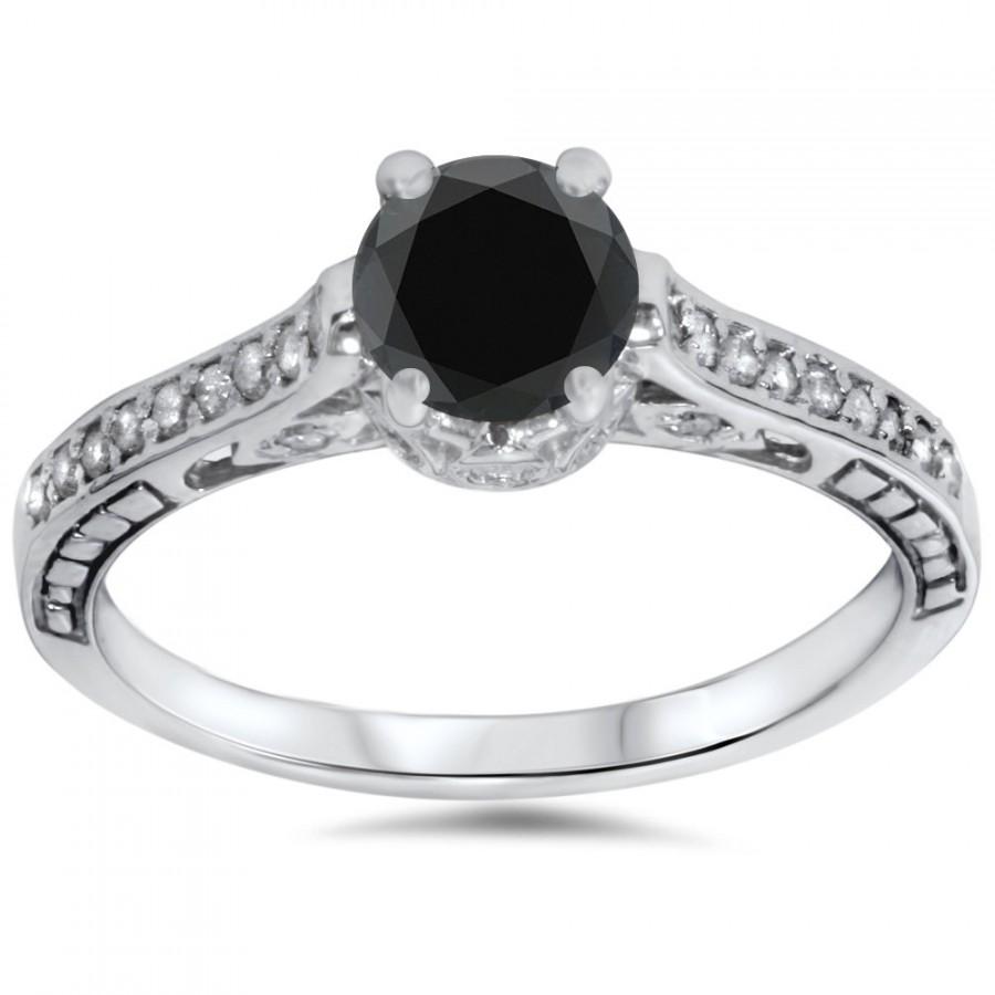 Wedding - 1.23CT Vintage Style Black & White Diamond Engagement Hand Engraved Etched Ring 14K White Gold Size (4-9)
