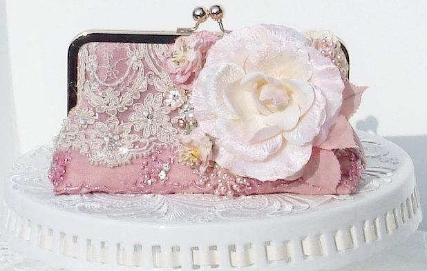 Hochzeit - Vintage Wedding / Pink Wedding / Clutch / French Vintage/  Downton Abbey / Bridal Handbag / Farmhouse Wedding
