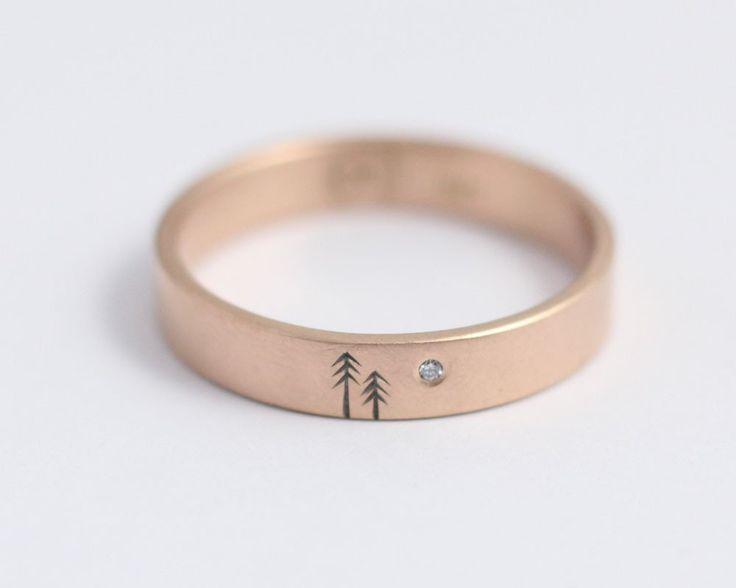 Mariage - Single Pine Tree Ring With Single Diamond