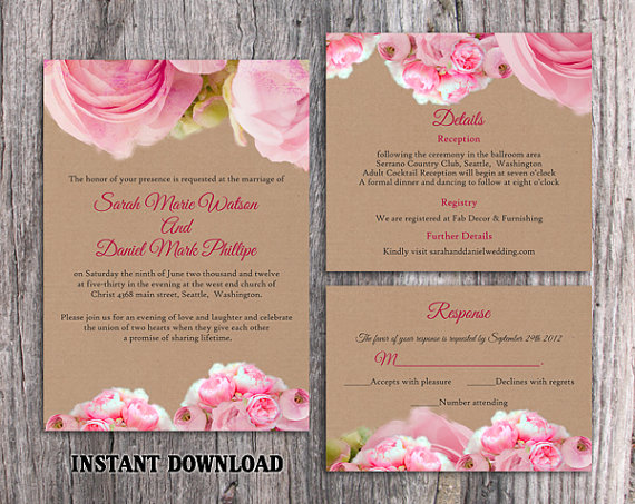 Hochzeit - DIY Rustic Wedding Invitation Template Set Editable Word File Download Printable Pink Invitation Boho Wedding Invitation Peonies Invitation