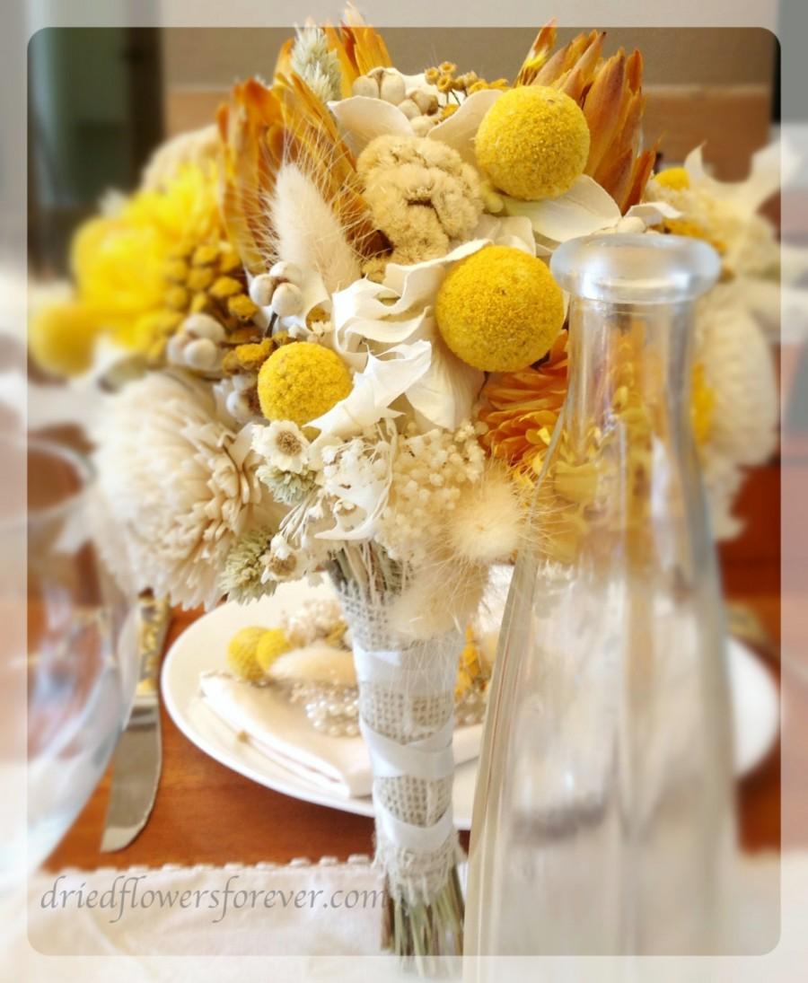 Wedding - Yellow Wedding Bouquet - Dried & Preserved Flowers - bridal bouquets - hydrangea sola bill balls  - Sunny Collection w/ Protea