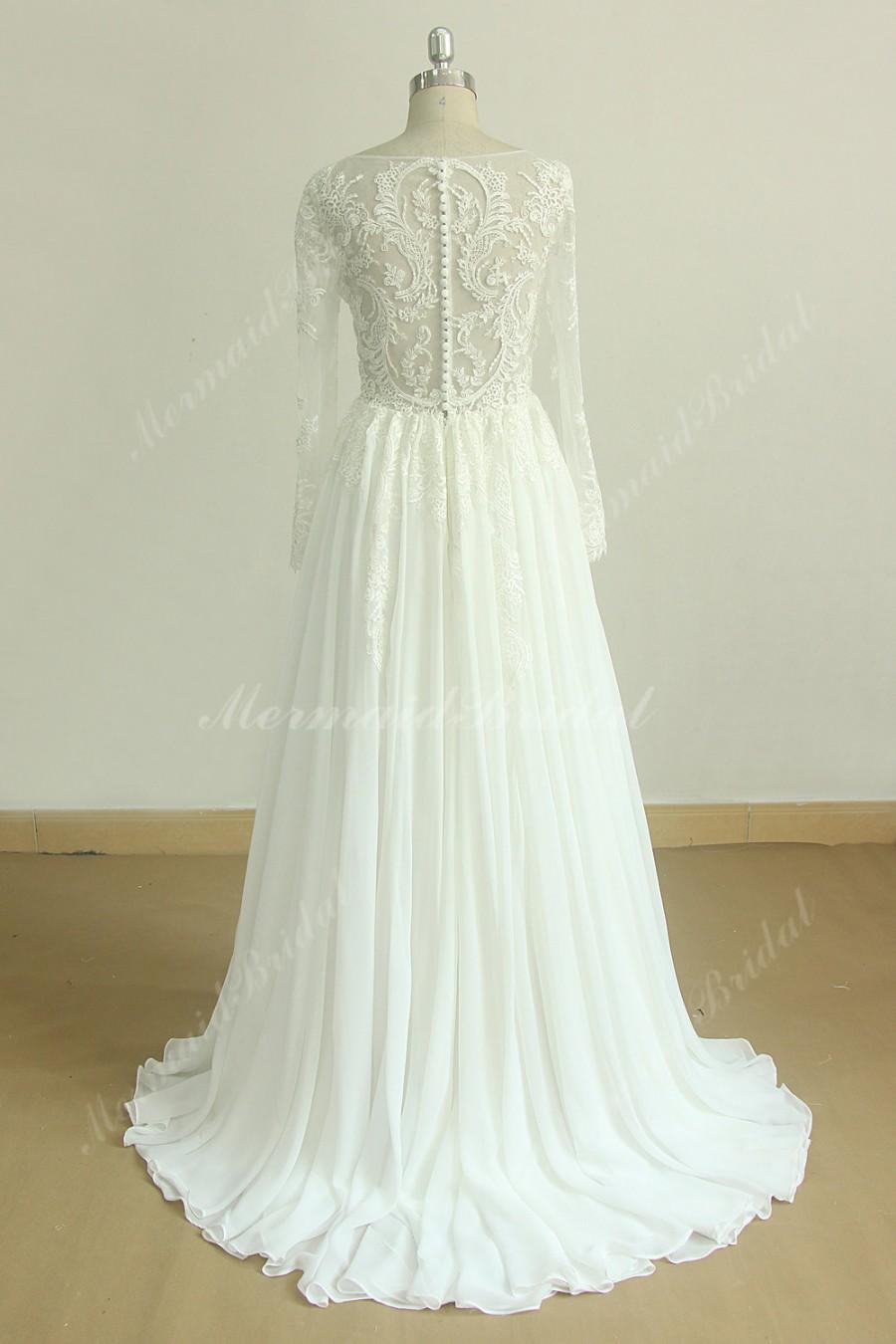 Hochzeit - Unique Ivory chiffon lace wedding dress with long sleeves