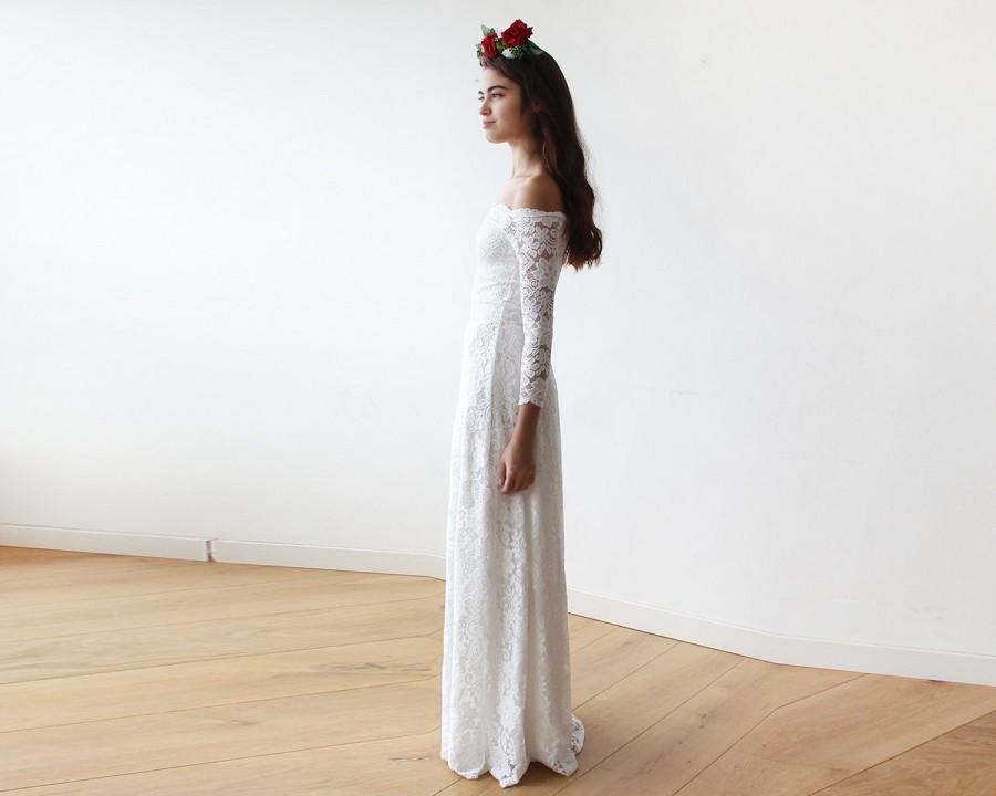 Свадьба - Off-The-Shoulder Bridal Ivory Floral Lace Long Sleeve Maxi Dress 1119