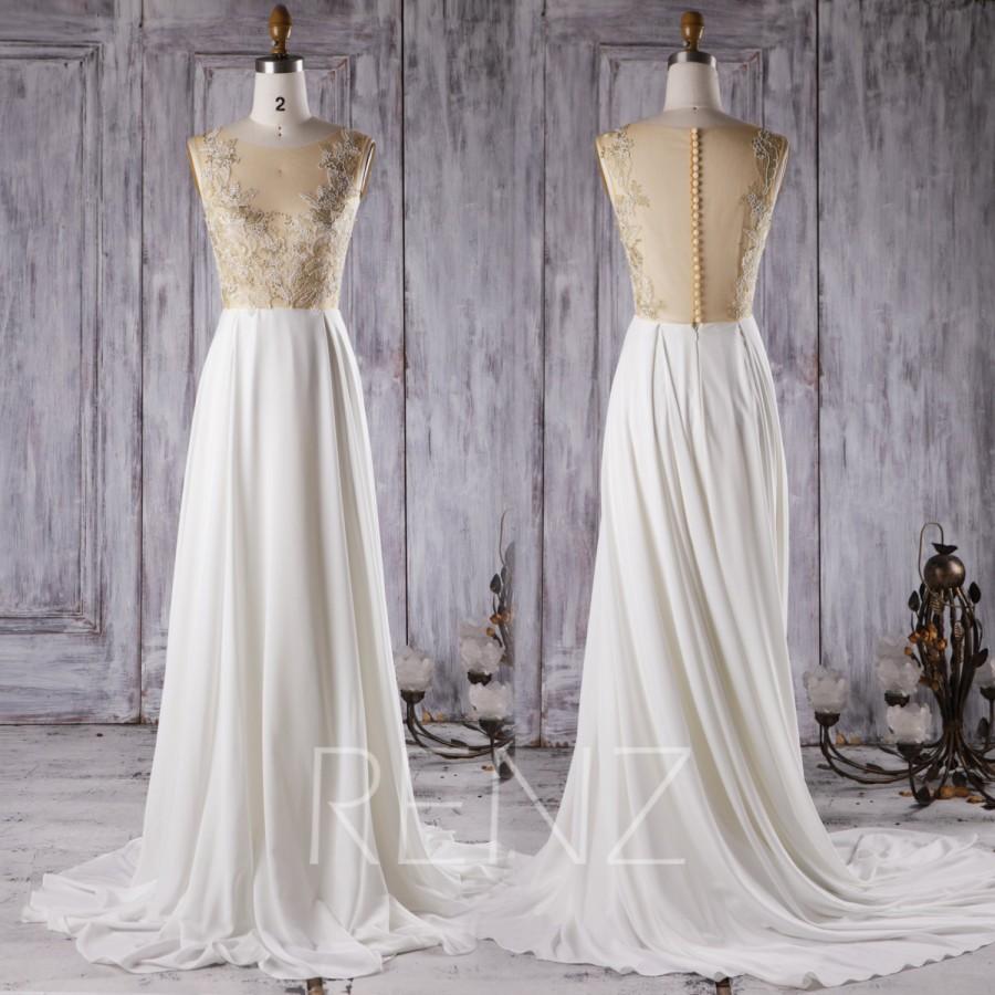 Hochzeit - 2016 Light Yellow Mesh Bridesmaid Dress Train, Off White Chiffon Wedding Dress, Long Evening Gown, Prom Dress Floor Length (HW335)