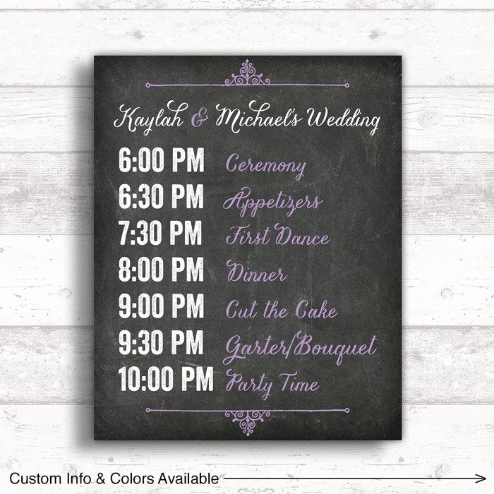 Hochzeit - Print or canvas wedding timeline sign - wedding event sign - chalkboard and purple wedding decor - wedding program sign poster