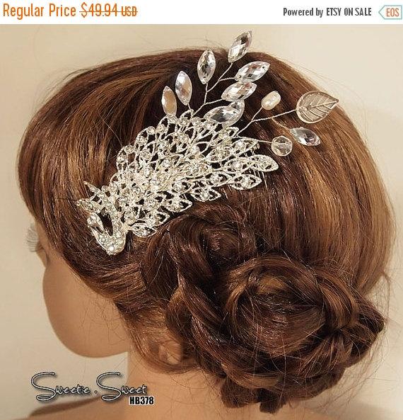 Wedding - SALE Rhinestone Hair Comb, Wedding Hair Comb, Bridal Hair Comb, Wedding Headpiece, Bridal Headpiece, Winter Wedding Hair comb, Peacock Hair