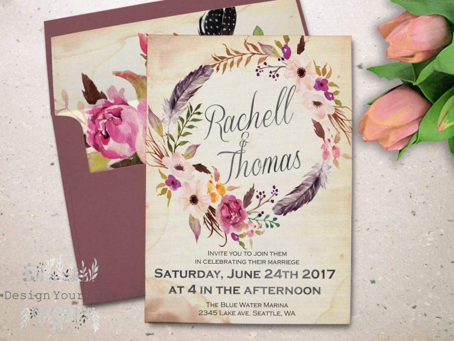 Mariage - boho wedding invitation printable watercolor floral wedding invitation bohemian wedding floral wreath invite vintage wedding romantic floral