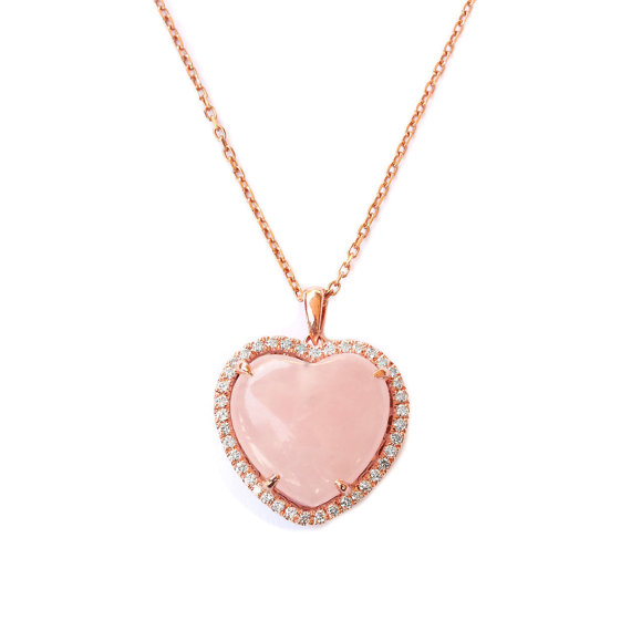 Wedding - Rose Quarts Heart Shaped Diamond Pendant Necklace, Dainty Love Diamond Pendant Necklace, Gift for her