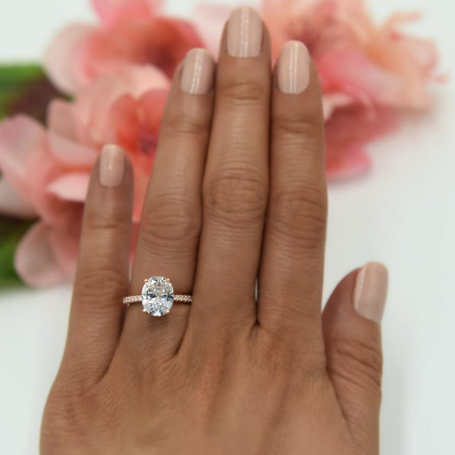 Wedding - 3.25 ctw Oval Accented Solitaire Ring, Blake Engagement Ring, Bridal Ring, Man Made Diamond Simulants, Sterling Silver, Rose Gold Plated