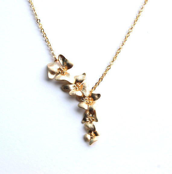 زفاف - Gold 5 Orchid Necklace, Assymetrical white gold plated, gift, wedding jewelry, mother, wife, sister, daughter, bridesmaid, birthday, mom