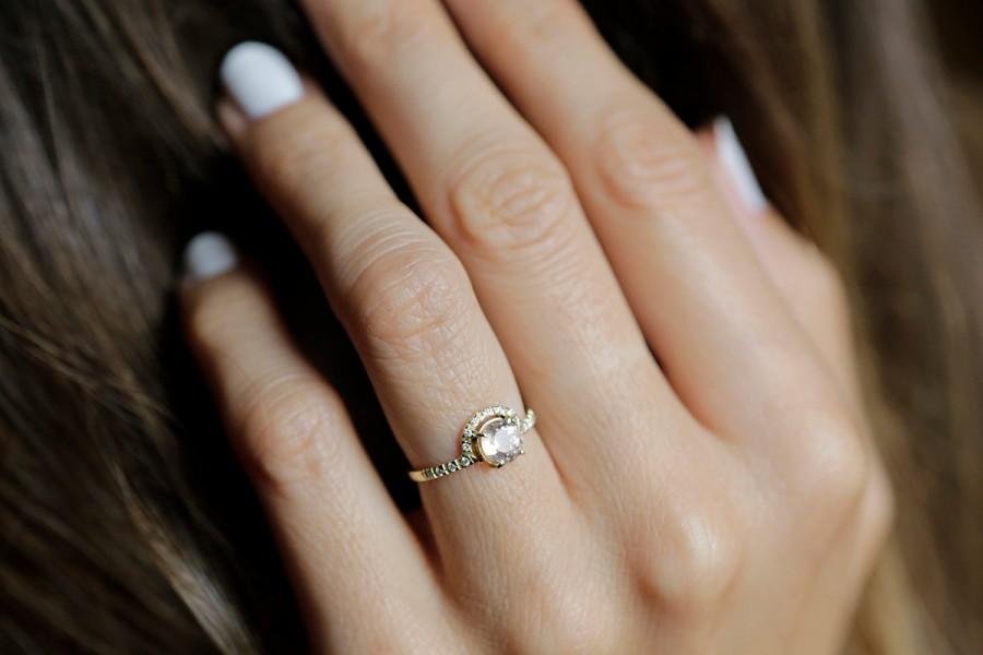 زفاف - Morganite Engagement Ring, Round Morganite Ring, Yellow Gold Morganite Ring, Pave Diamond Band