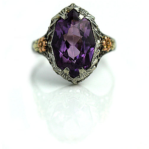 Hochzeit - Antique Amethyst Ring 6.00ctw Art Deco 18 Kt White and Rose Gold Vintage Amethyst Gemstone Alternative Engagement Ring Size 6!