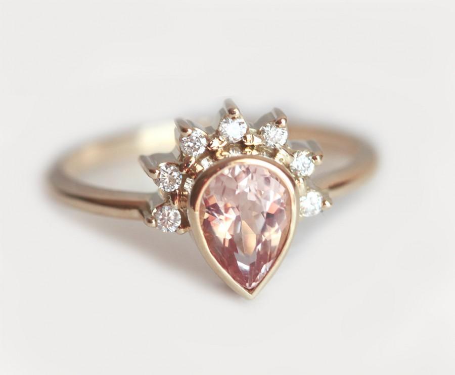 زفاف - Pear Morganite Engagement Ring, Morganite Diamond Crown Ring, Diamond Morganite Ring, Unique Morganite Ring, gold Morganite Ring