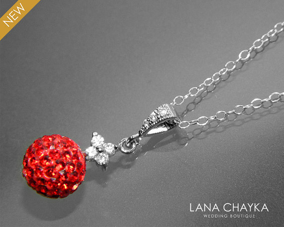 Wedding - Light Red Crystal Necklace Single Red Crystal Sterling Silver Necklace Wedding Light Red CZ Crystal Pendant 10mm Light Red Fireball Necklace