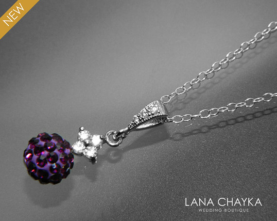 Mariage - Amethyst Crystal Necklace Purple Sterling Silver Necklace Wedding Dark Purple CZ Fireball Pendant 8mm Purple Women Necklace Wedding Purple
