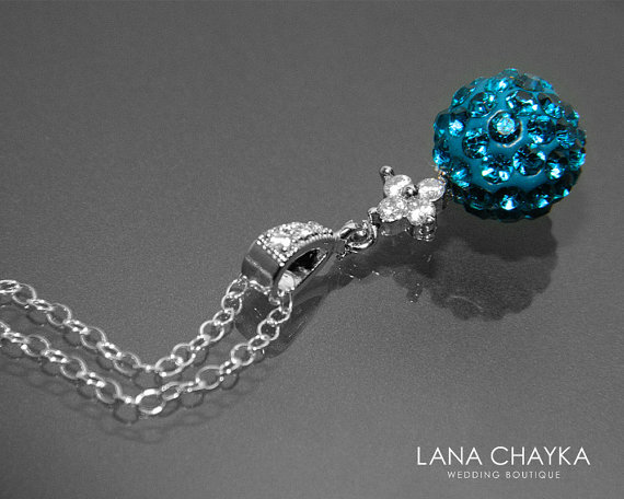 زفاف - Blue Zircon Crystal Necklace Dark Teal Sterling Silver Necklace Wedding Blue Zircon CZ Crystal Pendant 10mm Blue Zircon Fireball Necklace
