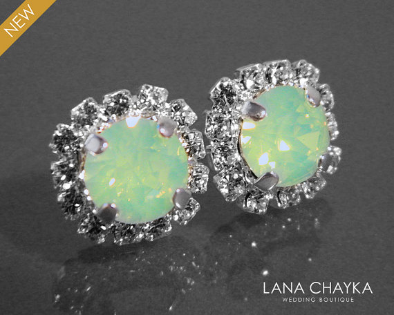 Wedding - Chrysolite Green Opal Crystal Halo Earrings Swarovski Chrysolite Rhinestone Studs Light Green Bridesmaids Earrings Green Opal Halo Earrings