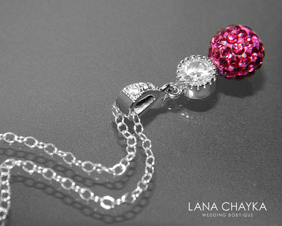 زفاف - Fuchsia Crystal Necklace Hot Pink Sterling Silver Necklace Wedding Fuchsia CZ Fireball Pendant 8mm Pink Silver Women Necklace Wedding Pink