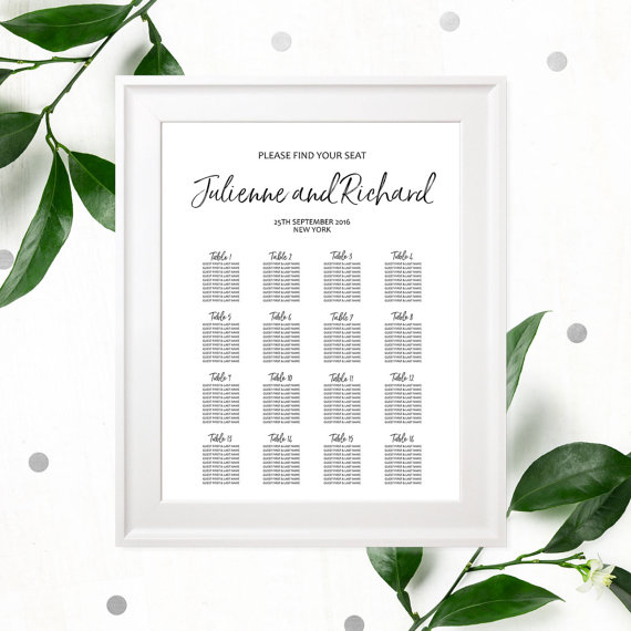 Свадьба - Hand Lettered Seating Chart Poster-DIY Printable Calligraphy Custom Seating Chart for Rehearsal Dinner-Wedding Reception Seating Plan