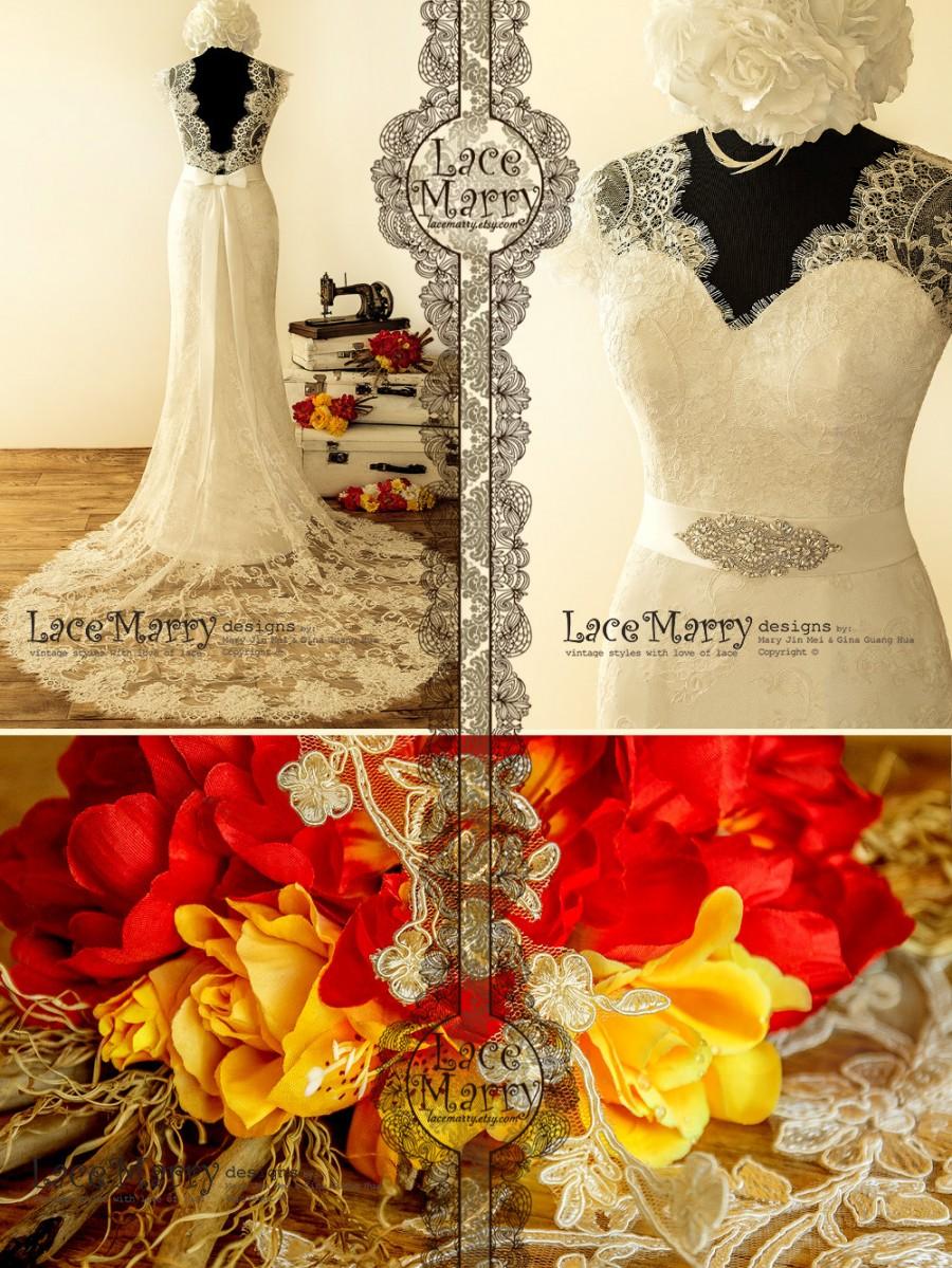 زفاف - Bohemian Lace Wedding Dress in 20's Style with Illusion Neckline and Open Back 