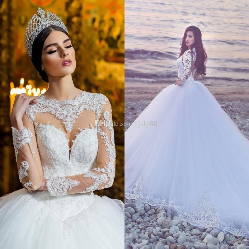 Hochzeit - 2017 Long Sleeves Wedding Dresses Bridal Gowns Sexy Sheer Neckline Keyhole Back Cathedral Wedding Gowns with Appliques/Lace Lace Luxury Illusion Online with $182.86/Piece on Hjklp88's Store 