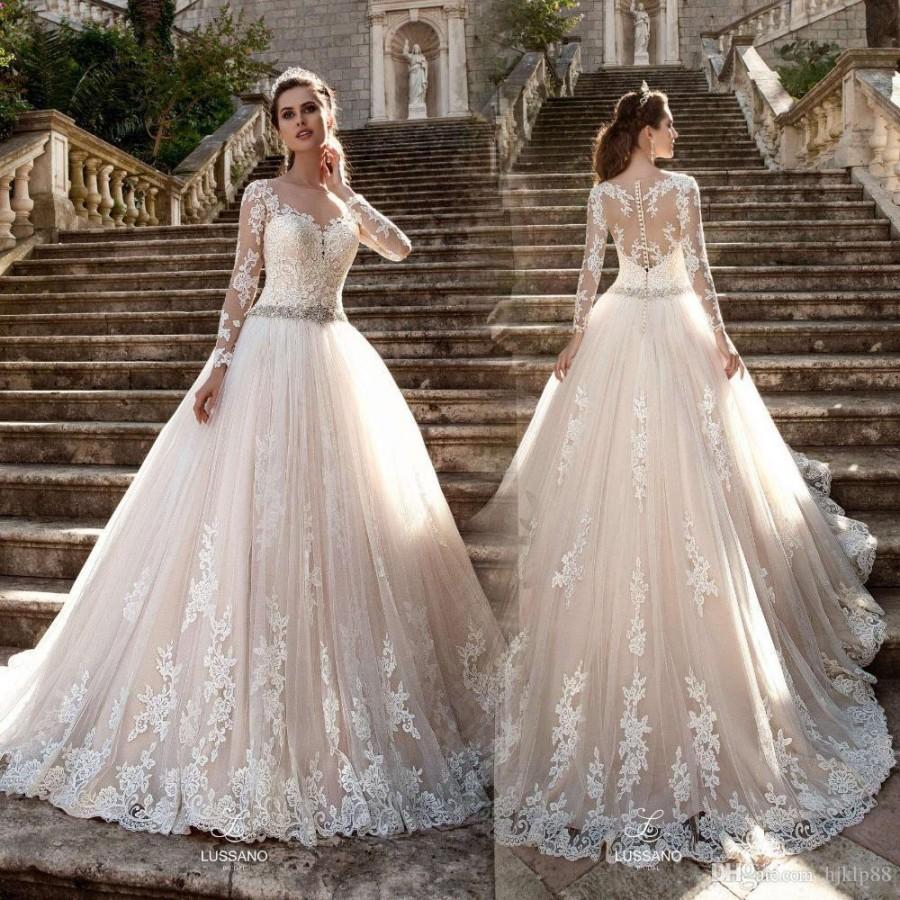 Wedding - 2017 Vestido De Noiva Long Sleeves Wedding Dresses Sheer Tulle Back Lace Appliques Wedding Gowns Bead Belt Bride Dresses Lace Luxury Illusion Online with $165.72/Piece on Hjklp88's Store 
