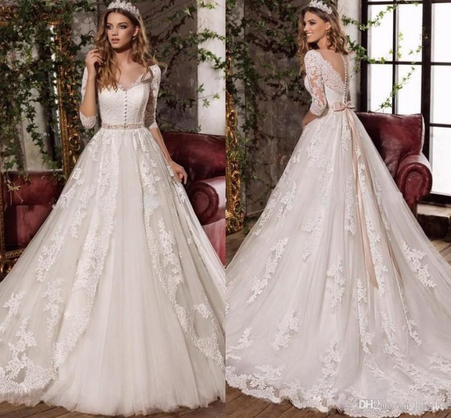 Wedding - Vestidos De Noviano 2017 Gorgeous A Line Wedding Dresses Beaded Sash Long Sleeves Tulle Appliques Lace Wedding Dress Bridal Gown Court Train Lace Luxury Illusion Online with $177.15/Piece on Hjklp88's Store 