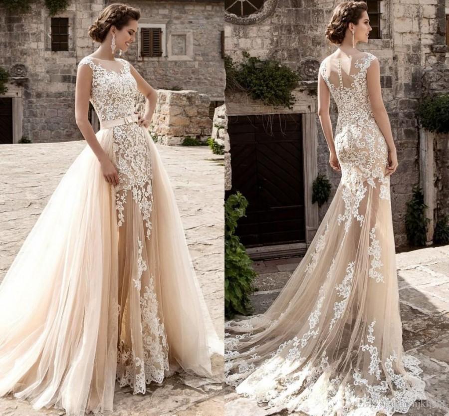 Свадьба - Lussano Vintage Over Skirts Tulle Wedding Dresses A-Line Mermaid See Through Vintage Lace Appliqued Sash Detachable Train Boho Bridal Gowns Lace Luxury Illusion Online with $182.86/Piece on Hjklp88's Store 