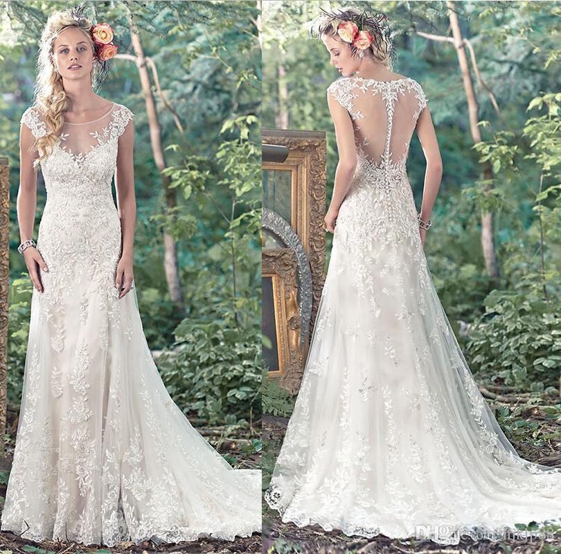 Wedding - Hot Selling Sexy Sheer Neckline Wedding Dresses Lace Applique Beading Bridal Gown Illusion A-Line Wedding Dress Sheer Back 2017 New Arrival Lace Luxury Illusion Online with $165.72/Piece on Hjklp88's Store 