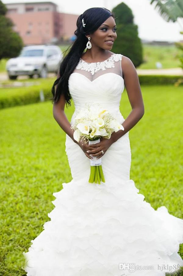 Wedding - 2016 New Nigerian Mermaid Wedding Dresses Sheer Neck Appliques Ruffles Trumpet Plus Size Arabic African Bridal Gowns Vestidos De Novia Lace Luxury Illusion Online with $173.72/Piece on Hjklp88's Store 