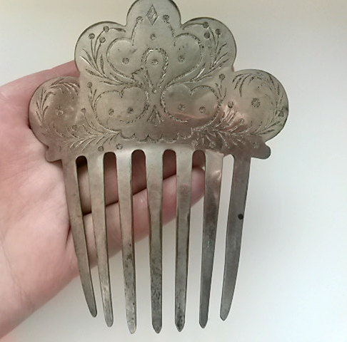 زفاف - Steel Comb Antique Victorian Metal Hair Comb with Ornament