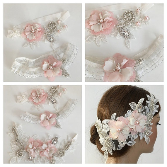 Hochzeit - Wedding Garter Set & Bridal Headband, ivory soft pink Bridal Garter Set, Keepsake Garter, Bridal hairpiece Lace Garter- Bridal headpiece