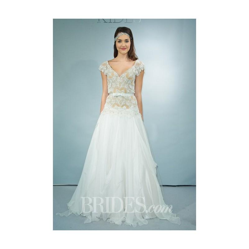 Wedding - Victoria Kyriakides - Fall 2014 - Nude and Ivory Lace and Organza A-Line Wedding Dress with a V-Neckline and Cap Sleeves - Stunning Cheap Wedding Dresses