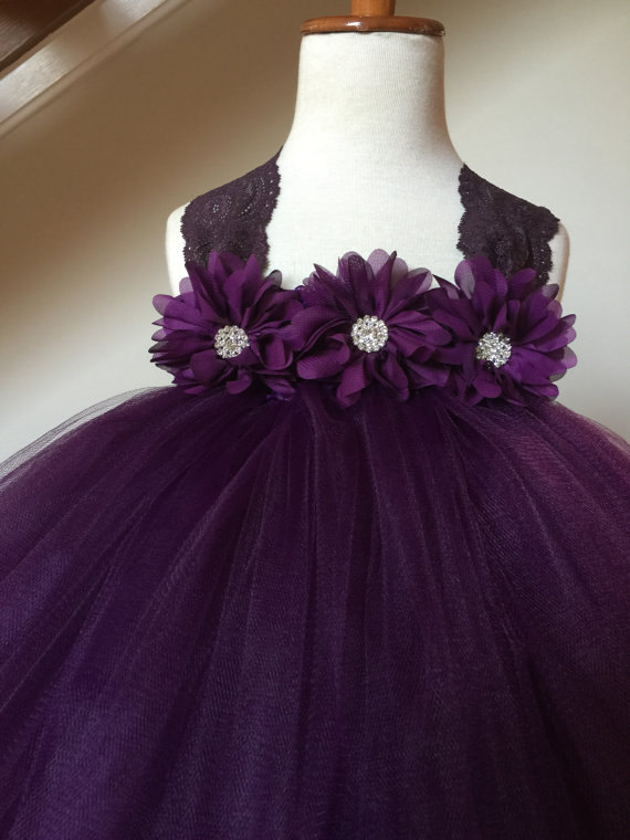 Hochzeit - Plum Eggplant Flower Girl Satin Lace Tutu Dress, Wedding Dress, Baby Girl, Toddler, Girls