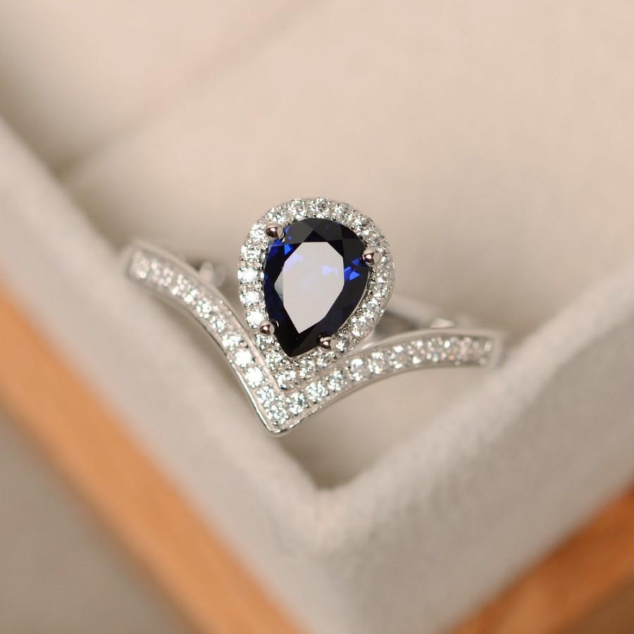 زفاف - Sapphire ring, pear cut, sterling silver, engagement ring