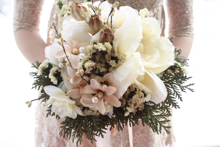 Свадьба - Bridal bouquet winter ivory Wedding bouquet dried natural flowers natural bouquet cedar Woodland bouquet silk flowers bouquet SYLPH