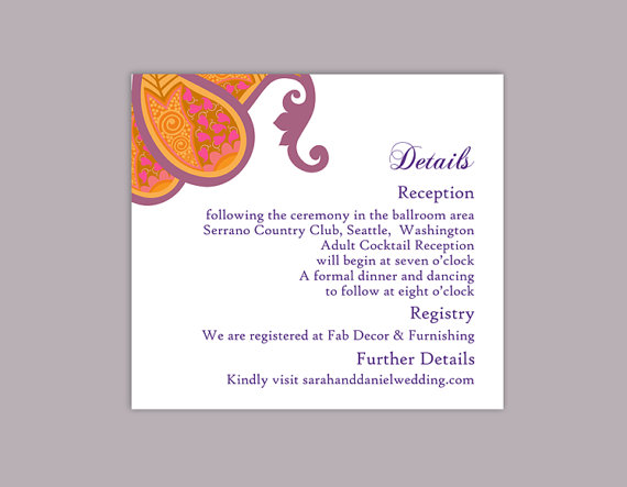 Wedding - DIY Bollywood Wedding Details Card Template Editable Word File Download Printable Orange Details Card Elegant Paisley Enclosure Cards