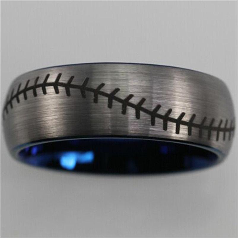 Mariage - Free Engraving Top Quality Baseball Stitch Pattern Ring Matte Finish Blue Inide Dome NEW Tungsten Ring Comfort Fit Design Men's Wedding Ring