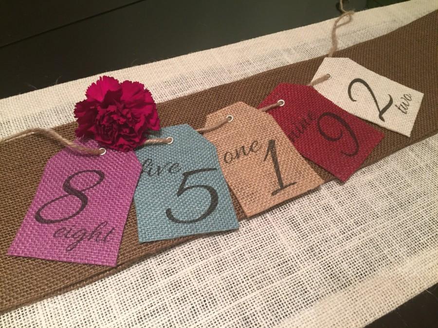 Wedding - Burlap Table Numbers - Variety of Colors - Hung with Twine - Wedding Table Number - Rustic Table Number