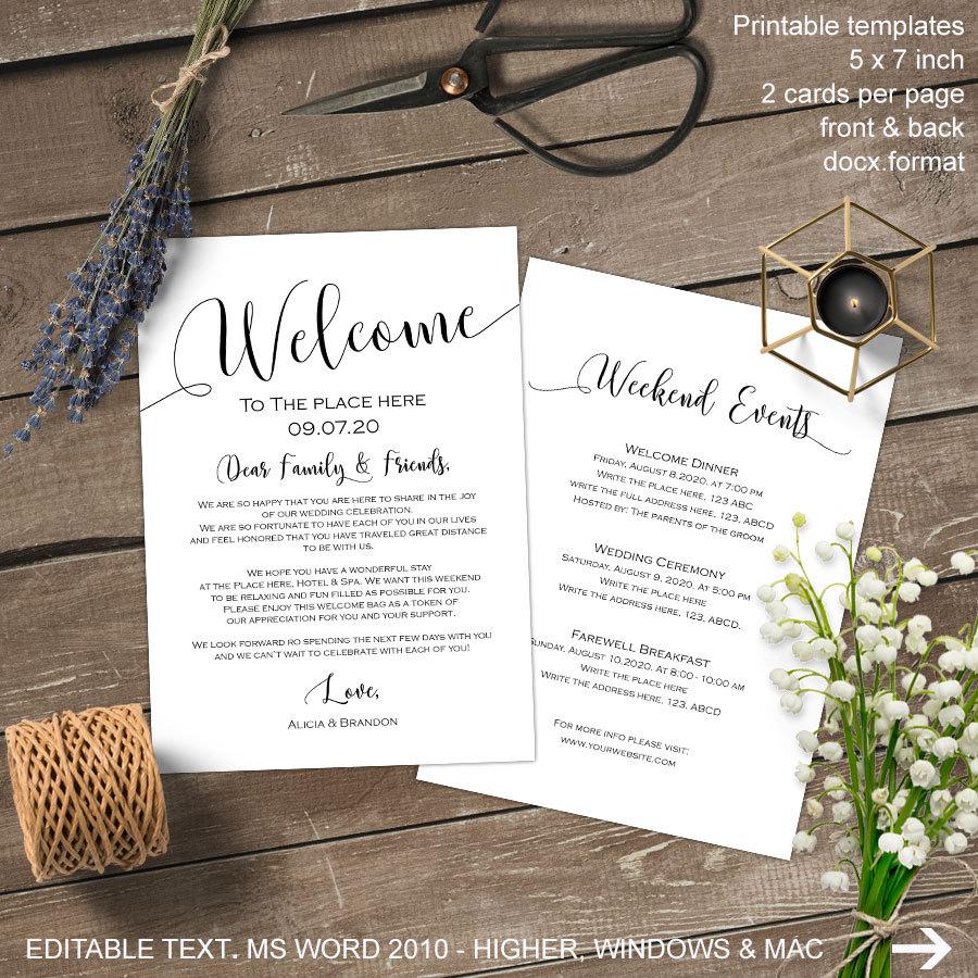 Свадьба - Wedding welcome bag note, welcome bag letter, wedding itinerary, printable, welcome note, template, DIY wedding, S2