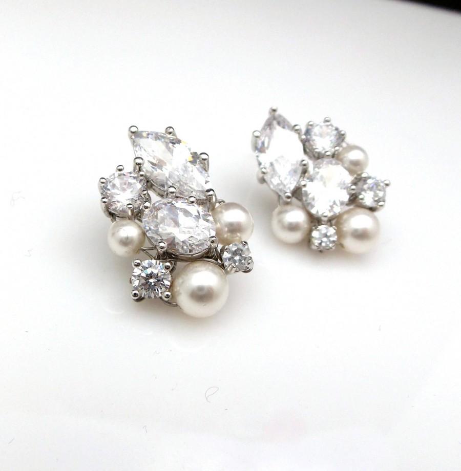 زفاف - wedding bridal earrings jewelry gift prom party christmas pageant marquise oval clear white cubic zirconia pearl cluster rhodium post stud