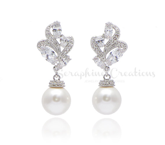 Wedding - Wedding Pearl Earrings Bridal Pearl Earrings Swarovski Pearls Cubic Zirconia Wedding Earrings Ornamental Wedding Jewelry Eliana Classic K150
