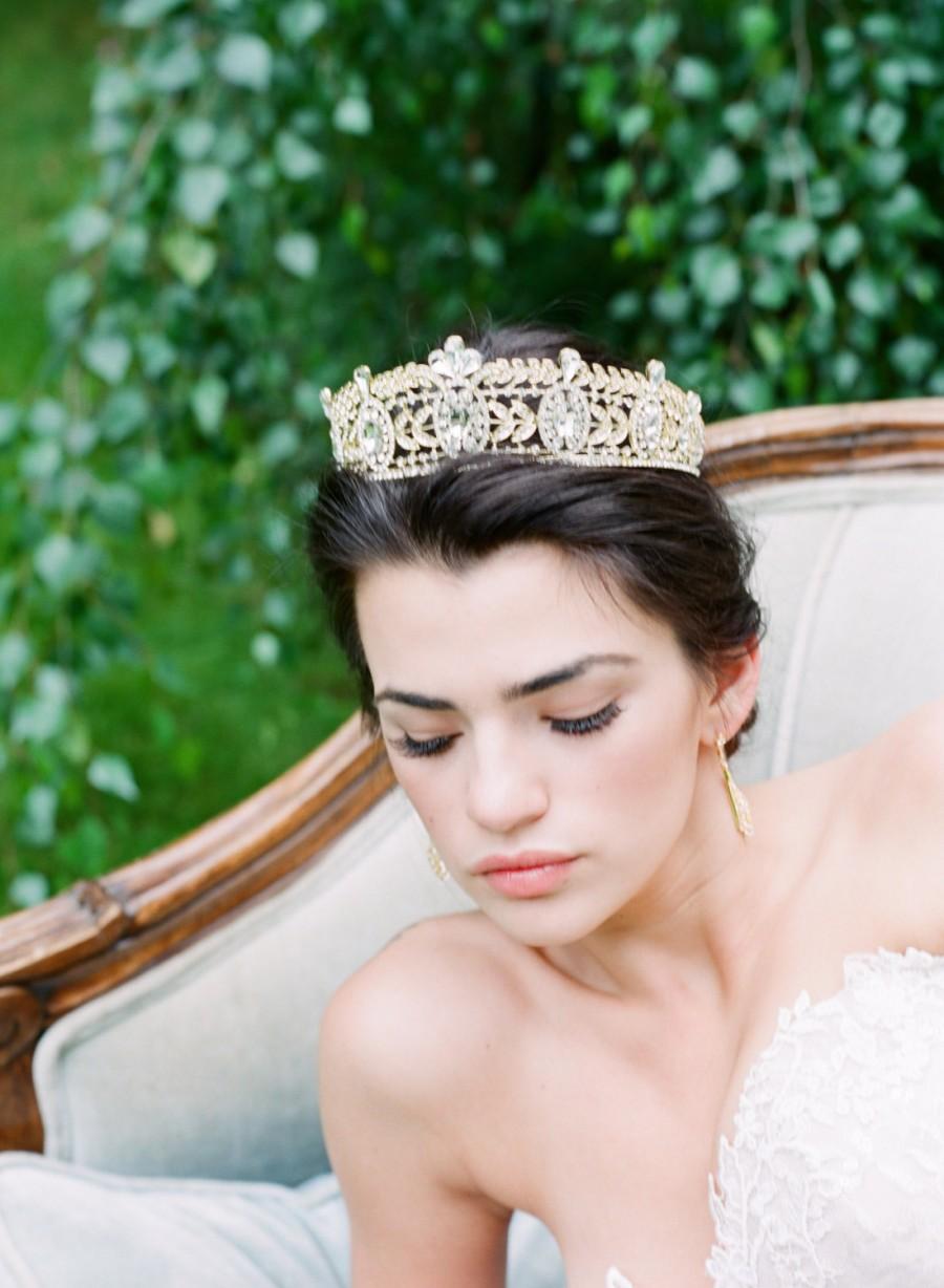 Hochzeit - Bridal Tiara Gold Tiara - ELLYN, Swarovski Bridal Tiara, Crystal Wedding Crown, Rhinestone Tiara, Wedding Tiara, Gold Bridal Crown