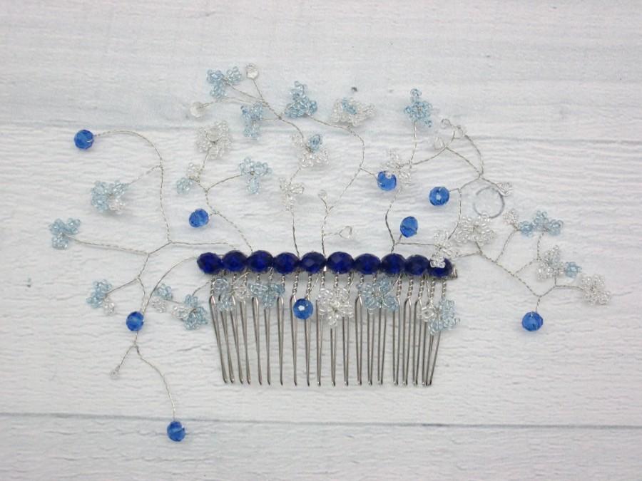 زفاف - Something blue Hair comb blue Crystal bridal hair Flower comb Leaf hair comb Beads comb hair Royal blue bride Blue accessory Blue for bride