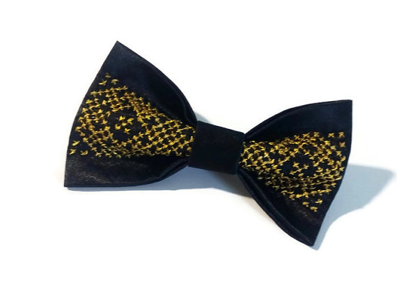 Свадьба - Gift for him Mens gift Black gold satin bow tie with embroidery Husband gift Brother gift Black gold wedding Groomsmen gifts Gifts for him