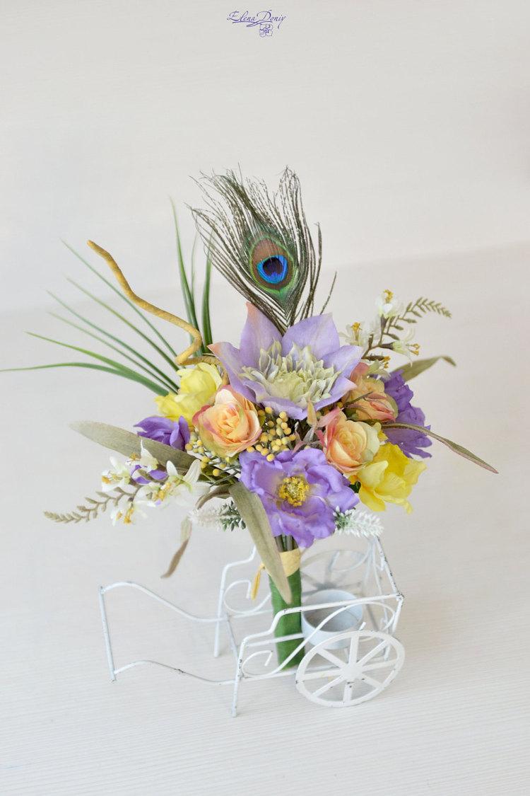 زفاف - Spring wedding Bouquet Tropical Bridal Bouquet silk flowers exotic Purple Yellow Bouquet Peacock feather Beach wedding flowers