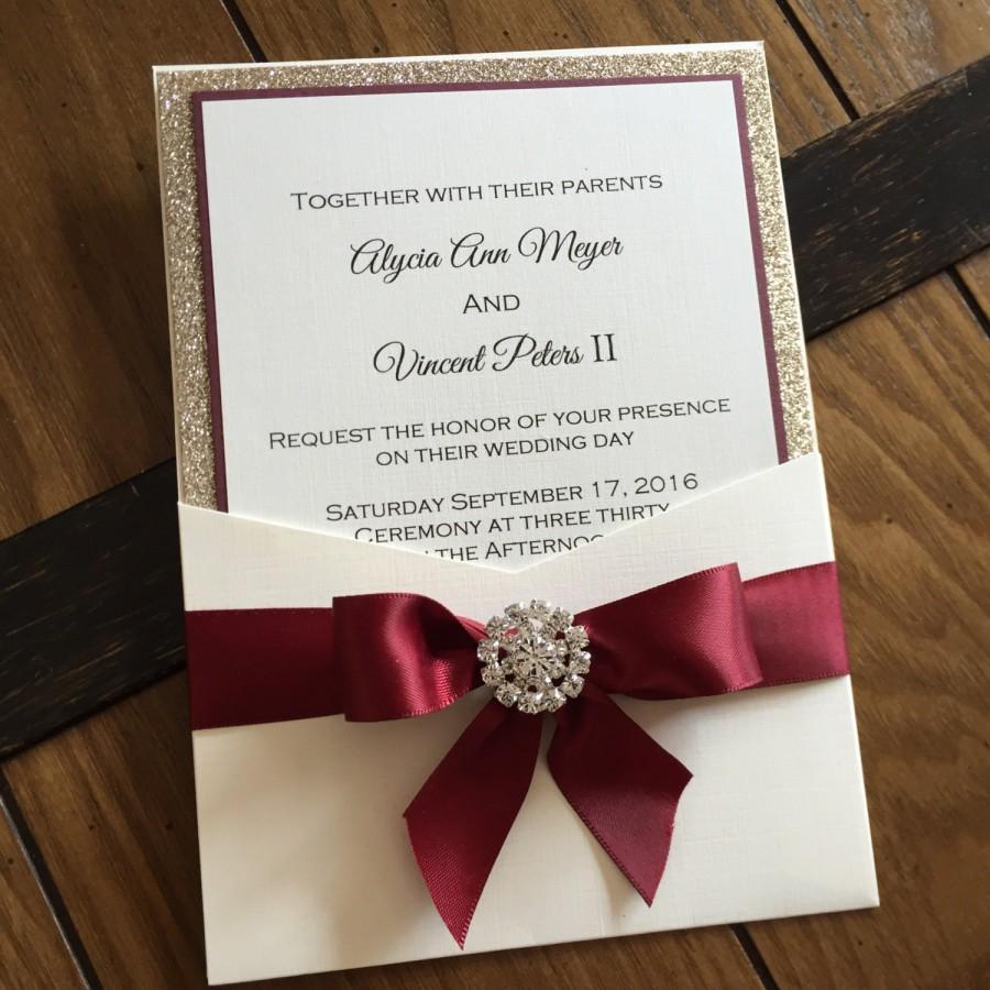 Burgundy And Gold Leaf Glitter Pocket Wedding Invitation - Elegant Wedding Invitation